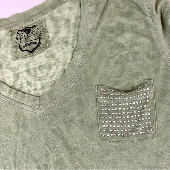 Pink Cattlelac, Green, Long Sleeve, Rhinestone TShirt, Boho Style - Picture 4 of 6